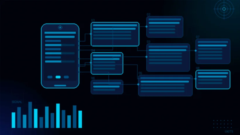Mobile app development concept showing smartphone UI connected to floating interface cards for UK businesses