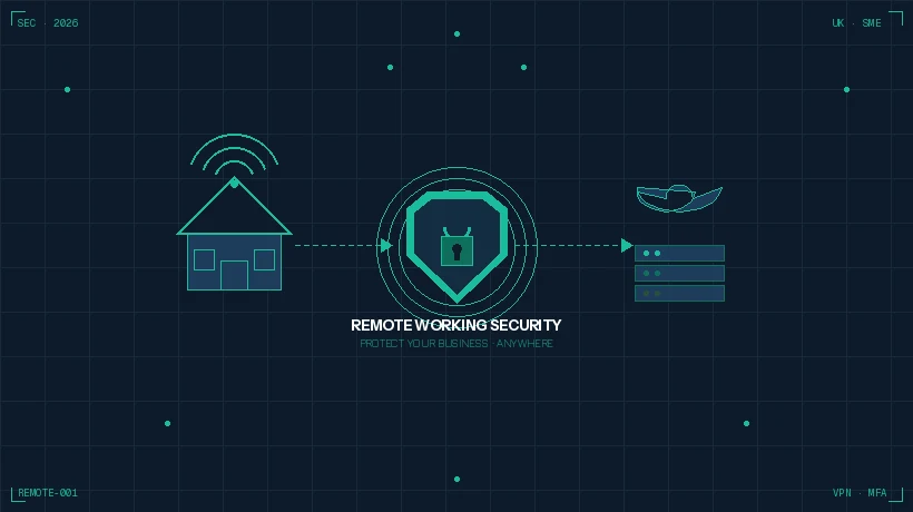 Remote working security illustration showing home office connected to secure business cloud with encryption for UK businesses.