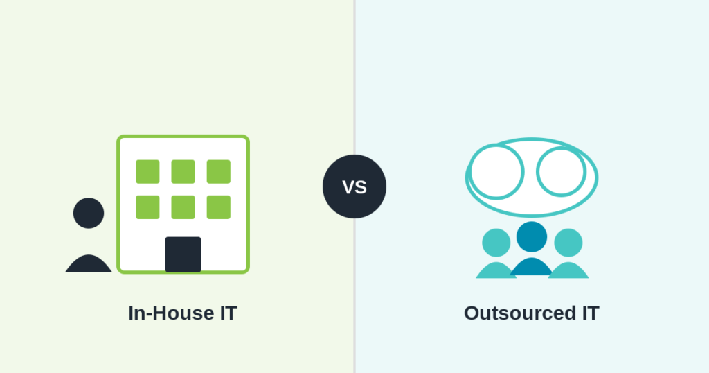 Split illustration comparing in-house IT support and outsourced IT support for a UK business