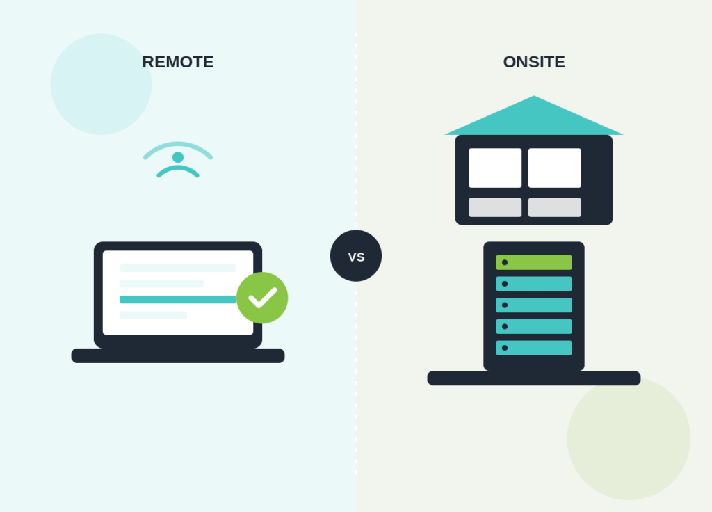 Split illustration comparing remote IT support, a laptop with a wifi signal, against onsite IT support, an office building with a server rack