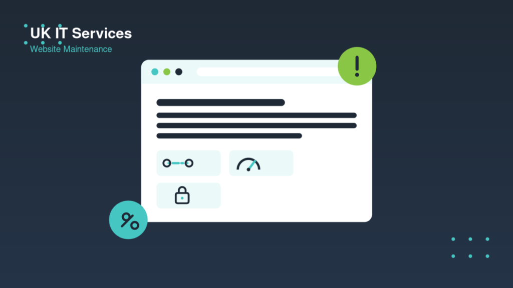 Illustration of a website browser window with broken link, slow speed and security warning icons, representing signs a website needs maintenance
