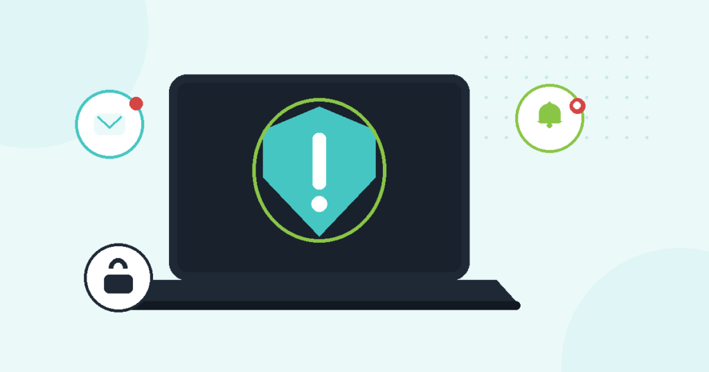 Illustration of a laptop with a warning shield and alert icons representing signs a business has been hacked