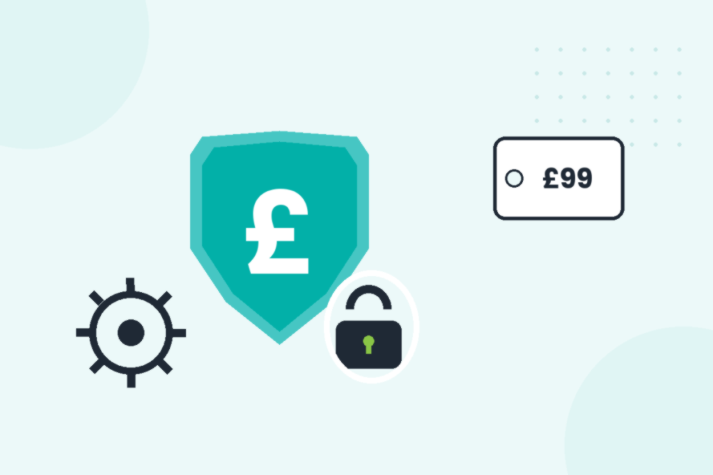 Illustration of a shield with a pound sign, a padlock and a price tag showing £99, representing the cost of WordPress malware removal
