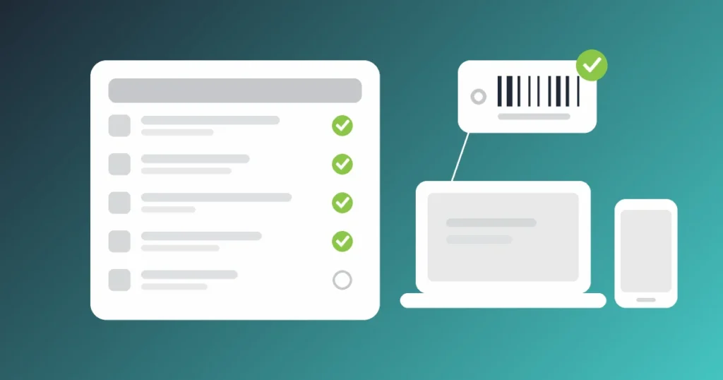 Illustration of an asset register sheet with ticked rows beside a laptop, a phone and a barcode asset tag