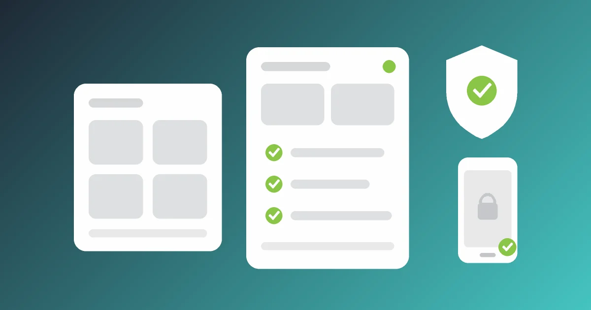Illustration of two white licence cards on a teal gradient, the larger one with green security ticks, beside a shield and a locked phone