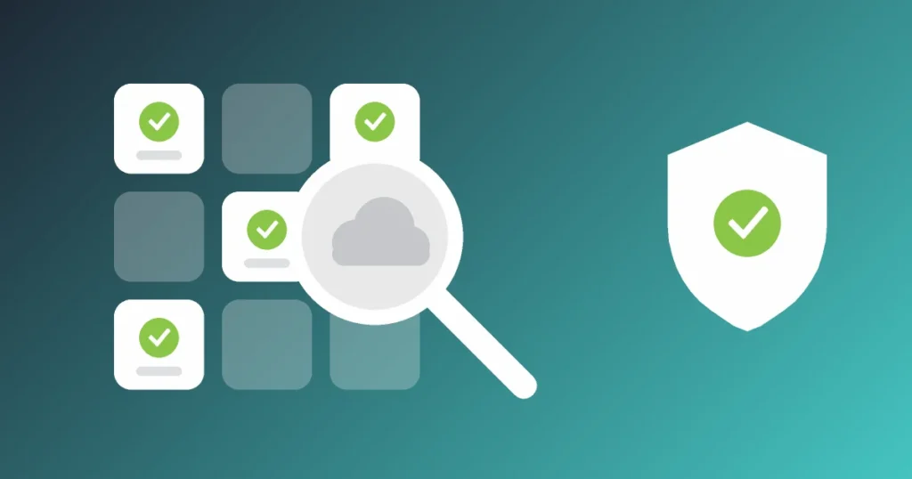 Illustration of a grid of app tiles, some approved with green ticks and some faded, with a magnifying glass revealing a hidden cloud app beside a shield with a tick